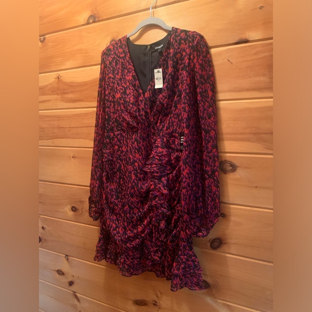 EXPRESS - NEW - Red, Purple, and BlackAbstract Print Faux Wrap Ruffle Mini Dress